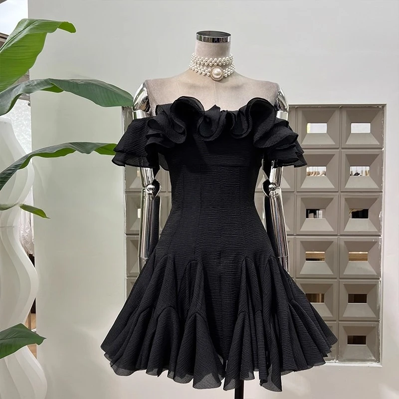 فستان قصير أنيق برقبة مائلة وردية للنساء بخصر عالٍ ملابس خروج أنيقة من فيستدوس ضيقة لحفلات الصيف والعطلات من القماش للسيدات