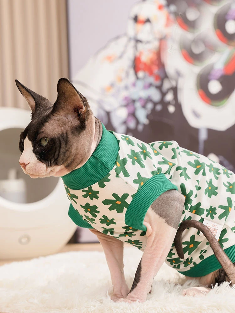 Cat clothing Summer Spring Coat For Sphynx Cat Cotton T-shirt for Dogs Kittens Green Flower Cartton Vest for Pet Cat supplies