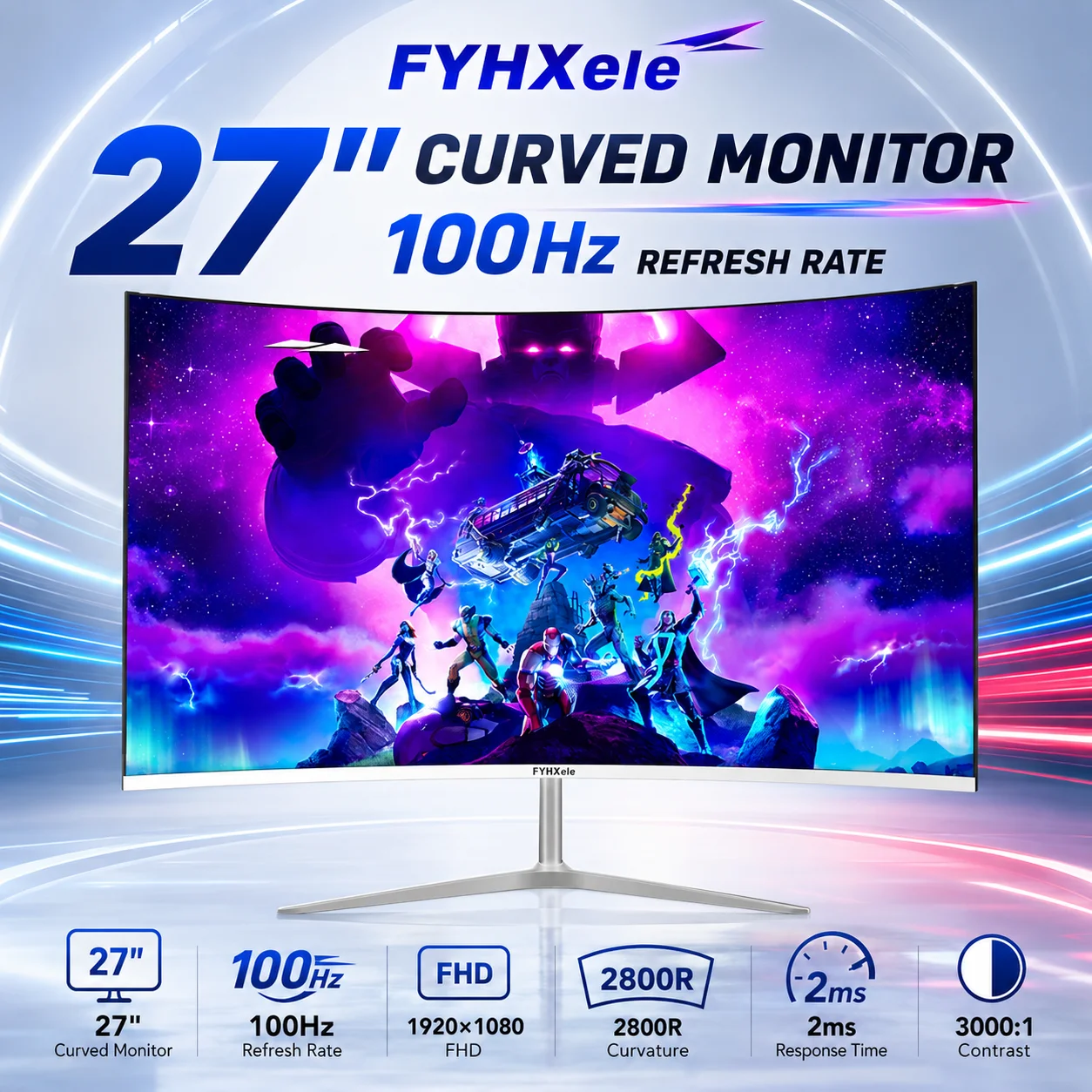 FYHXele 27 pulgadas 100Hz curvado monitor de juego FHD 1080P 16:9 CSOT HVA Panel PC pantalla de escritorio pantalla 2ms 99%sRGB R2800 mate cuidado de los ojos DC atenuación HDMI VGA oficina home gamer monitores