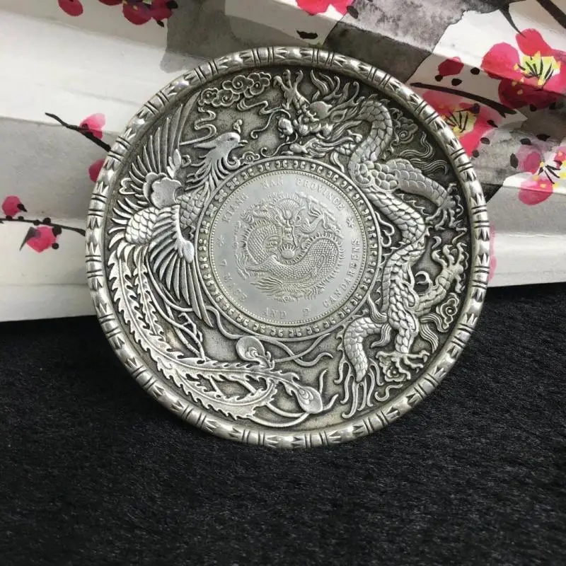 Chinese Old Miao Silver Carving Longfeng Writing-Brush Washer Plate