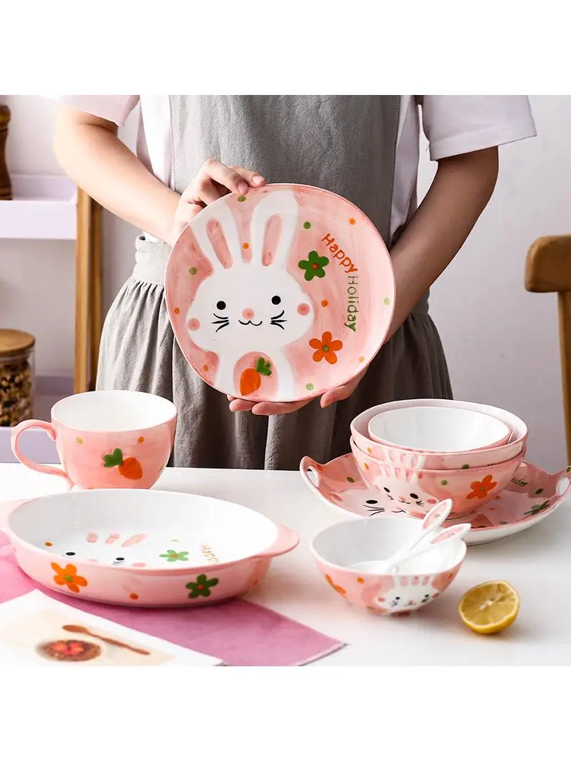 

Creative Ceramic Dining Set Cute Children's Bowl Plate Single Handle Bowl Home Snack Plate Double Ear Roasting Tray