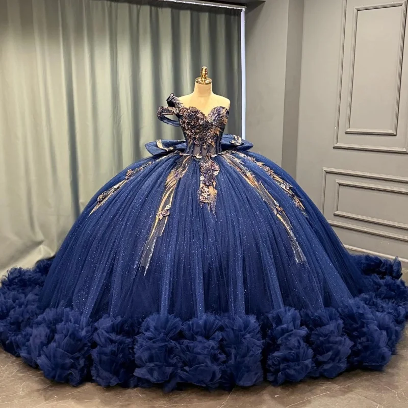 

Royal Blue Quinceanera Dresses Off the Shoulder Glitter Decal Lace Ruffles Long tail Bow Vestido e 15 Quinceanera Customize