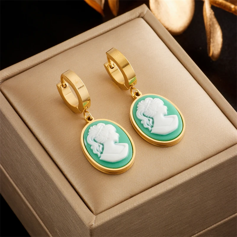 XIYANIKE 316L Stainless Steel Earrings Green White Portrait Pendant Accessories for Women Charming Birthday Jewelry Gifts Серьги