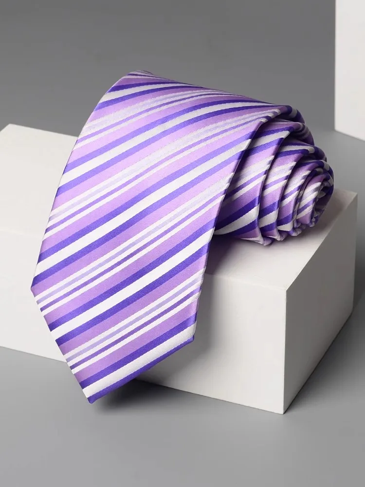 

High Quality Purple White Striped Tie For Men's Business Banquet Temperament Shirt Accessories 9CM Wide Handmade Knotted Cravat