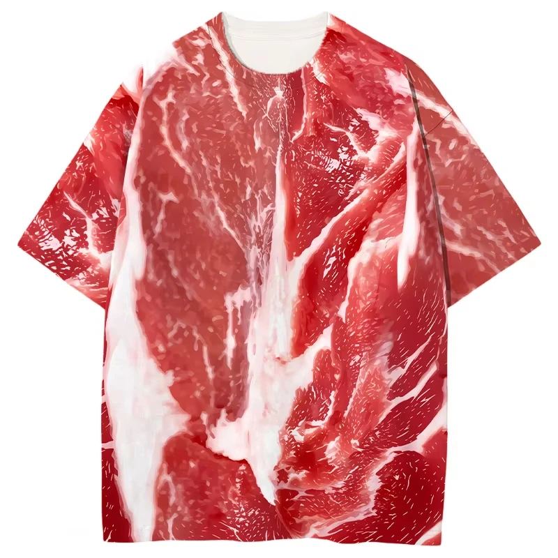 Latest 3D printed short sleeved simulation of pork belly, funny and fun, loose round neck sports and leisure exercise T-shirt