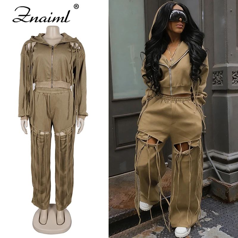

Женский комплект уличной одежды Znaiml, толстовка на молнии с длинными рукавами, капюшоном и широкие брюки с вырезами, осенний спортивный наряд из 2 предметов