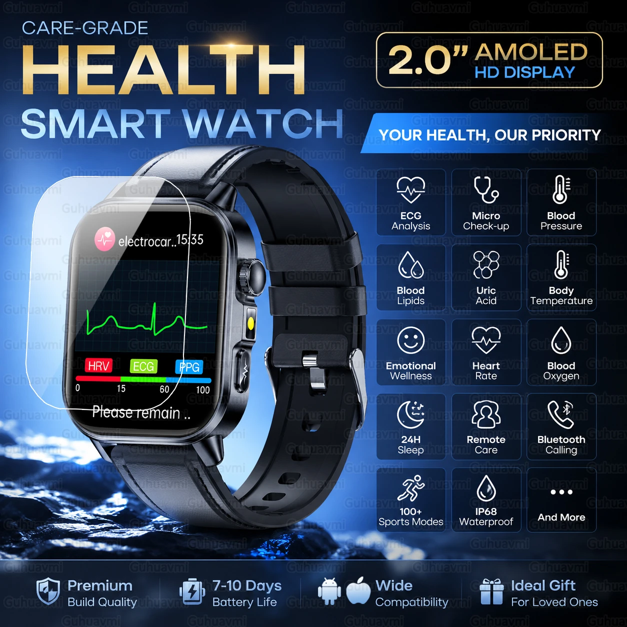 

2.0'' AMOLED Care-Grade Smart Watch ECG+PPG Heart Rate Blood Lipid Uric Acid Monitor Bluetooth Call IP68 Waterproof Smartwatches