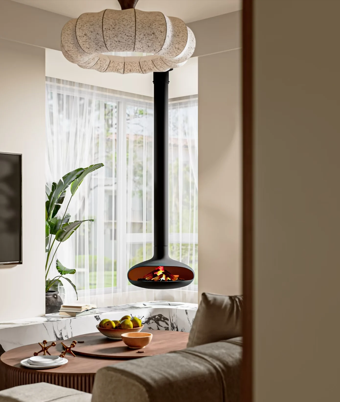 أحدث تصميم لعام 2025 مدفأة إيثانول معلقة على السقف لتزيين غرفة المعيشة بالجملة من الشركة المصنعة للمدفأة المعلقة