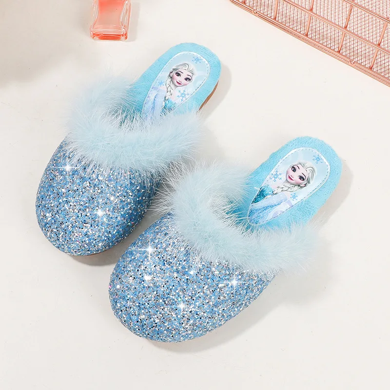 Disney Girls Cotton Slippers Princess Cartoon Frozen Elsa Print Children Lovely Soft Warm Flat Kids Indoor Home Bedroom Shoes