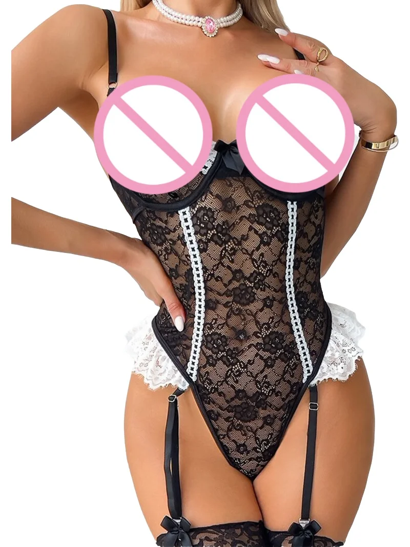 New Pink Patchwork Cute Lace Trimmed Mesh Splicing Stretchy Bodycon Bodysuits Sexy Transparent Pure Desire Bodysuits Charm V5OP