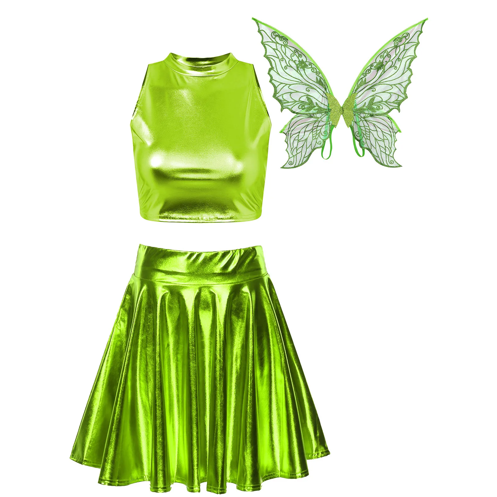 

Womens Elf Cosplay Costume Fairy Dress Up Metallic Shiny Sleeveless Crop Top with Flared Skirts Butterfly Wings Set Performance