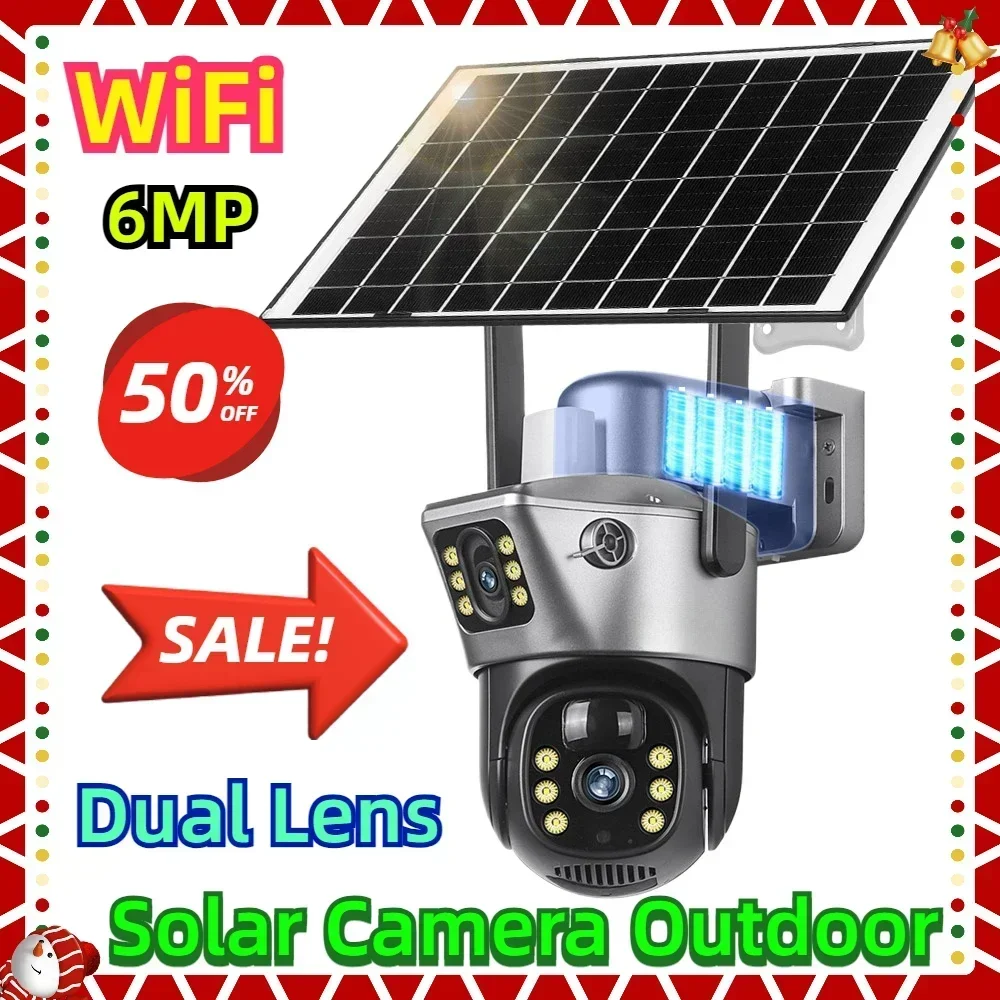 

Solar Camera Outdoor Dual Lens WiFi 6MP IP Camara Solar Panel CCTV Security Built in Battery PIR Cam V380