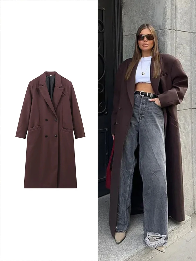 TRAF Women Fashion Double Breasted Lapel Wool Coat Elegant Long Sleeve Casual Pocket Coat Autumn and Winter Warm Street Coat