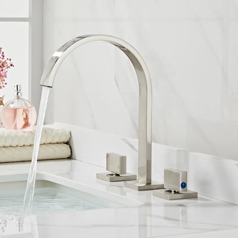 

Black Bathroom Basin Faucet Hot and Cold Water Mixer Faucets 3 Holes Dual Handle Mixers Tap Deck Mount Wash Tub Chrome Crane