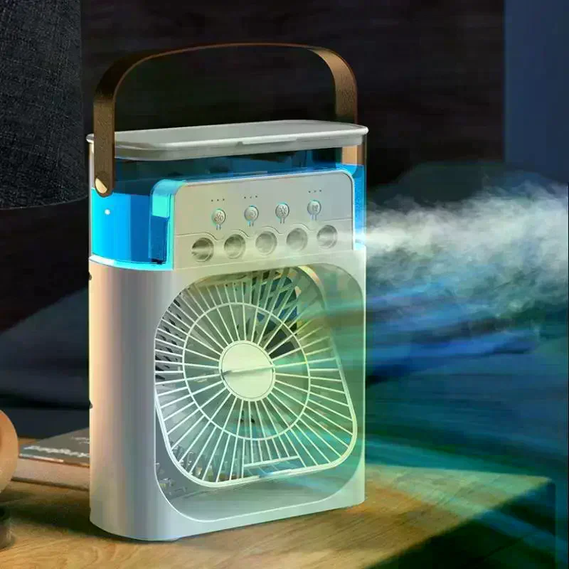 

Three-in-One Portable Cooling Fan With 7-Color LED Night Light And 5-Hole Humidifier For Office Home Outdoor