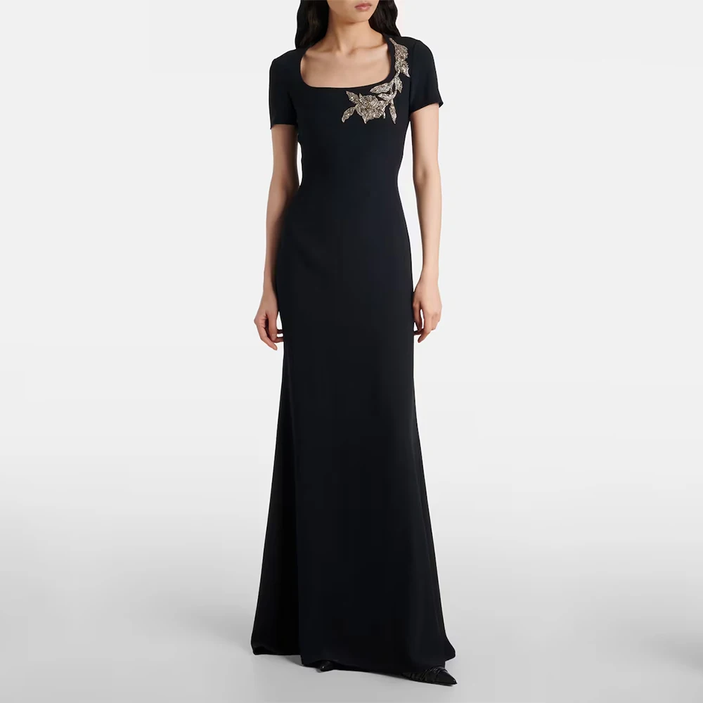 

Black Square Collar Women's Evening Gown Mermaid Formal Party Dress Floor Length Saudi Dress Short Sleeves Beading Prom Dress