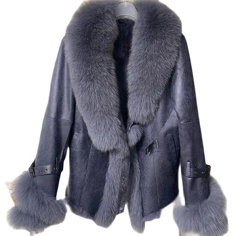 2023 New Hot Sale Women Winter Real Rabbit Fur Inner Warm Jackets Real Fox Fur Collar Coat Skin Ladies Fur Outwear