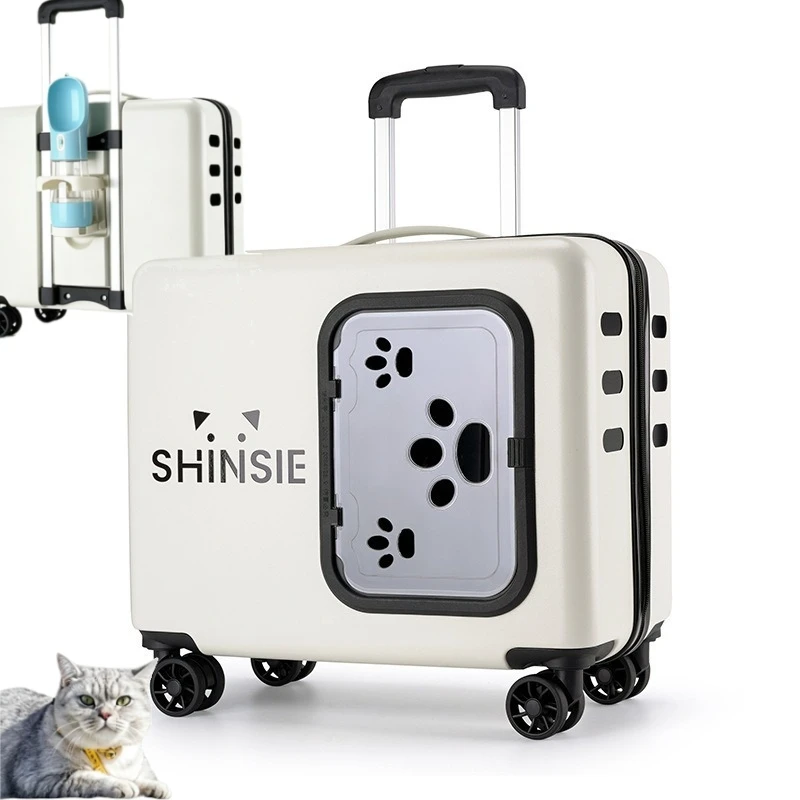Rolling Cat Trolley Case with Small Door Wheeled Cats Travel Carrier Breathable Portable Retractable Handle Pet Transport Box