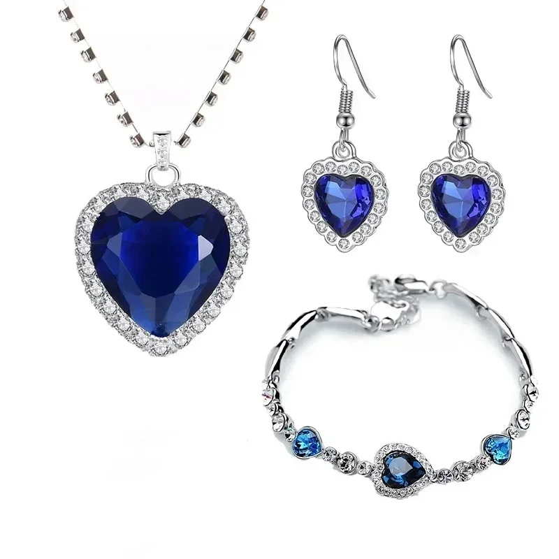 3 Pieces/set Blue and Red Ocean Heart Women's Necklace Love Crystal Zircon Jewelry Set  Wedding Party 