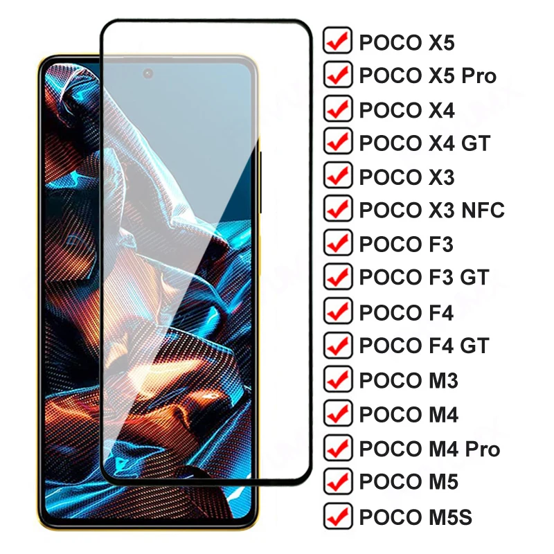 100D Full Tempered Glass For Xiaomi Poco X5 X4 X3 NFC F3 F4 GT Screen Protector POCO M3 M4 M5 Pro M5S C3 C40 C50 C55 Glass Film