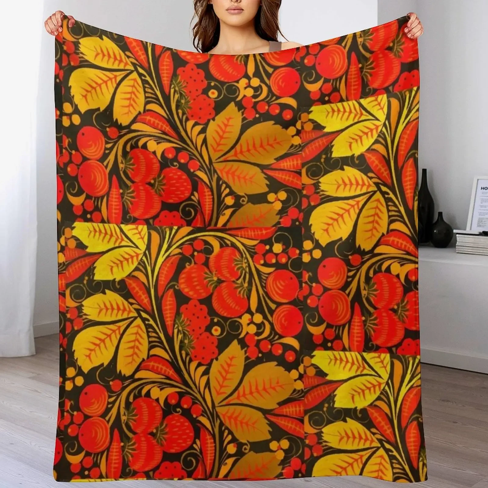 

Traditional Russian Khokhloma Berries Throw Blanket Spring Fall Cozy Throw Blanket for Couch
