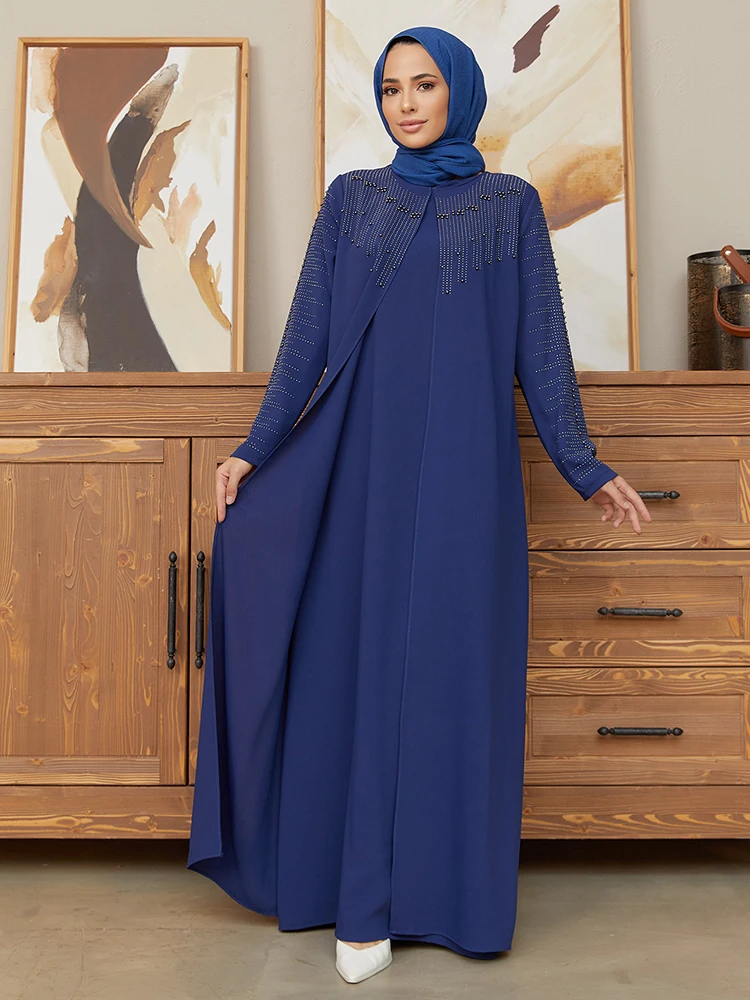 Große Größe Frauen Stein Abendkleid Islamischen Muslimischen Lange Hijab Kleidung Neue Saison Hohe Qualität Einladung Mode