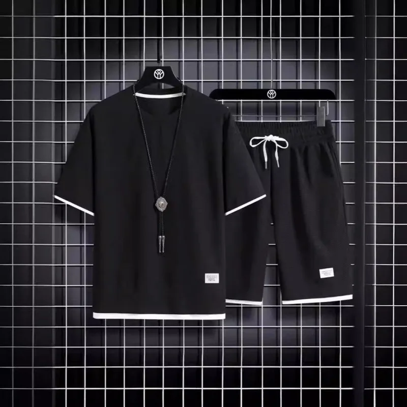 Huafu Ge 2025 Trendy Summer Men's Casual Short Sleeved T-shirt Men's Short Sleeved T-shirt+Sports Shorts Set