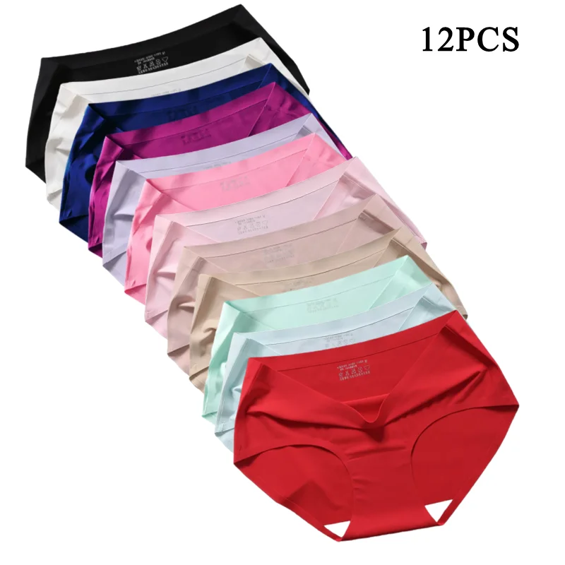 12Pcs Women's Seamless Underwear Ice Silk Panties Women Girl Mid waist Briefs Female Underwear Lady lingerie Knickers Underpants