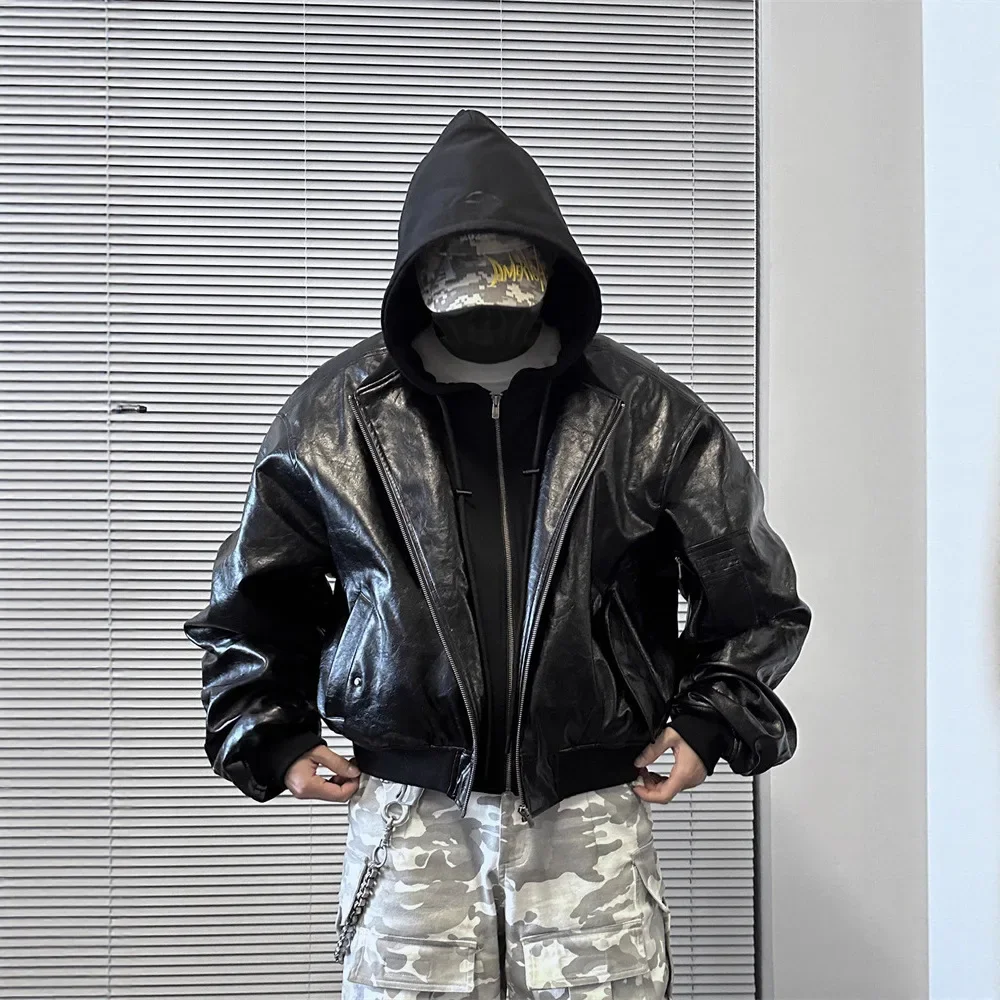 

American Retro Textured Leather Jacket Fake Two-Piece Outerwear Loose Men's Hip Hop Style Casual Workwear Jacket