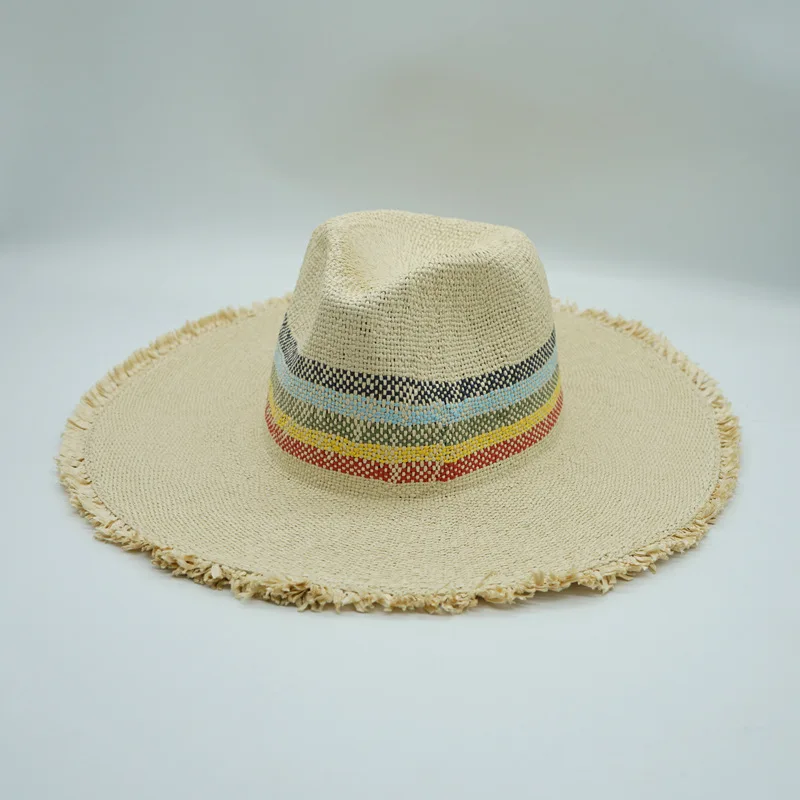 Wide Brim Ranbow Straw Hats Fringed Women Summer Panama Hats Floppy Beach Hat Holiday Travel Sun Hat Packable Lady Causual Hat