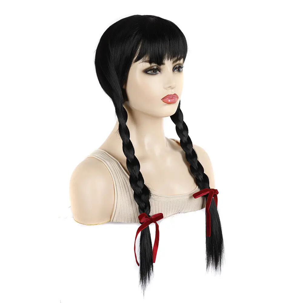 Long Black Hair Wigs with Bangs Two Braids Orange Wigs Costume Cosplay Party Wig