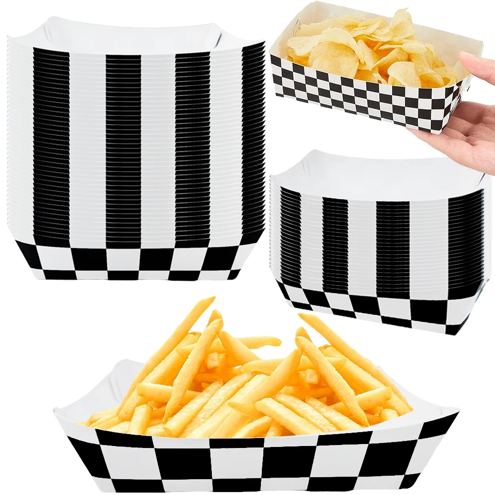 12pcs/Set Race Car Paper Food Trays Checkered Black and White Hot Dog Popcorn Snack Boat Box Racing Flag Birthday Party Supplies