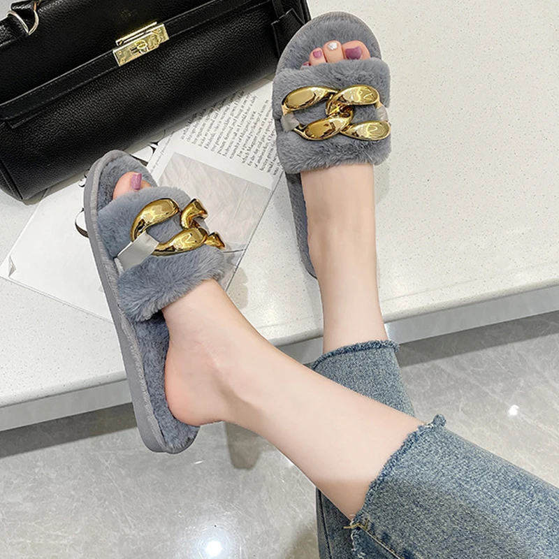 Plush Slippers Winter Women Faux Fur Chain Slip On Flats Female Warm Comfort Outdoor Home Open Toe Fashion Cotton Slippers