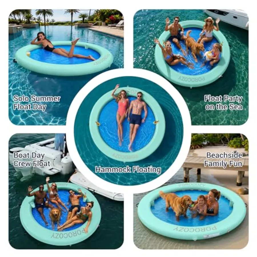 Inflatable Water Hammock Round Floating Island 8ft/10ft/12ft Heavy Duty PVC Blue Float Ring for Lake Pool Beach River Ocean Tan