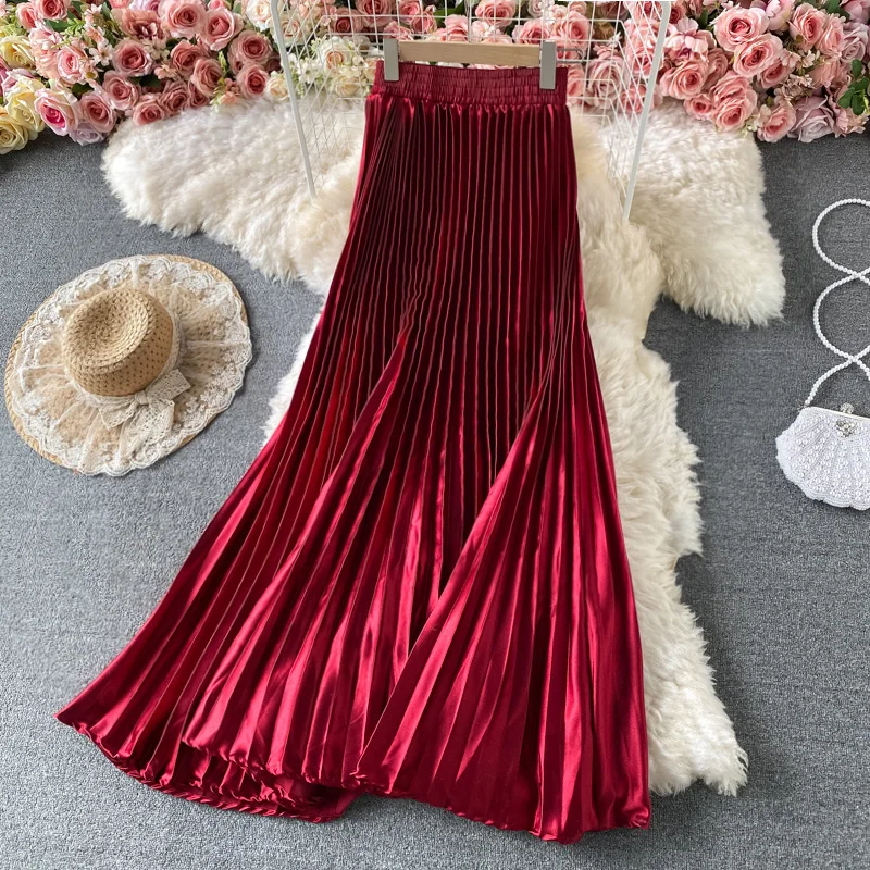 

High Waist A-Line Skirt Women's Glossy Pleated Midi Skirt Korean Sle Satin Accordion Pleat Dra Floor Length Skirt