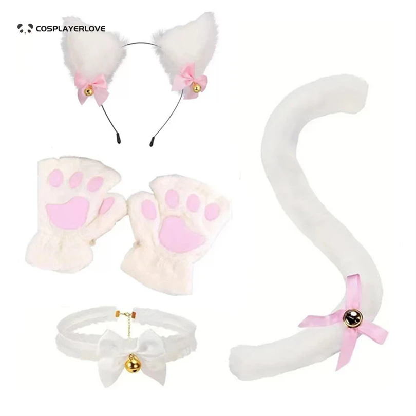 귀여운 고양이 발 장갑, 겨울 만화 소녀 오픈 손가락 장갑, 벨 머리띠, 고양이 귀 모자, 4 개 세트