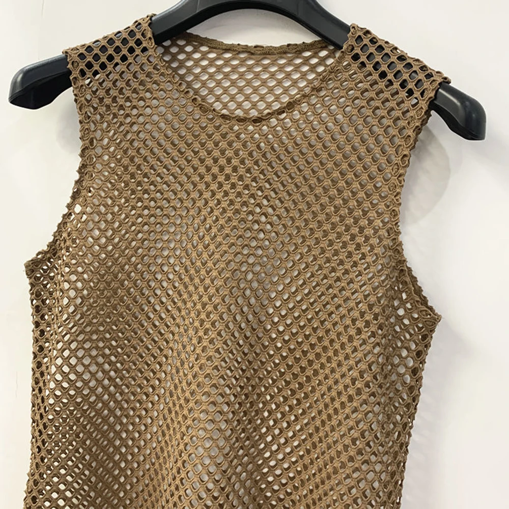 Mens Sexy See-Through Mesh Hollow Vest 2024 Summer New Fashion Nightclub Personalized Breathable Home Pajamas Tank Tops For Men