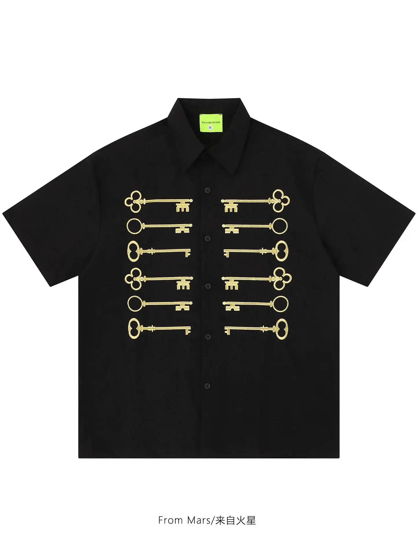 2026 Vintage Key Embroidered Short Sleeve T-shirt Fashion Loose Casual Retro Pattern Button Down Top Unisex Streetwear T-shirt