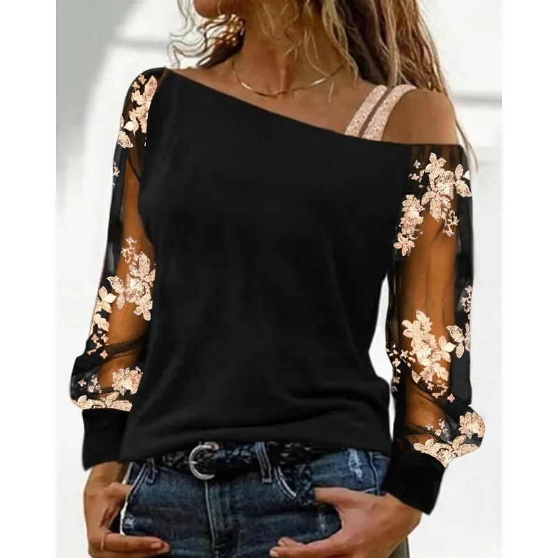 2024 Spring Summer New Women\'s Printed Casual Mesh See-through Sequin Stitching Long-Sleeved Top