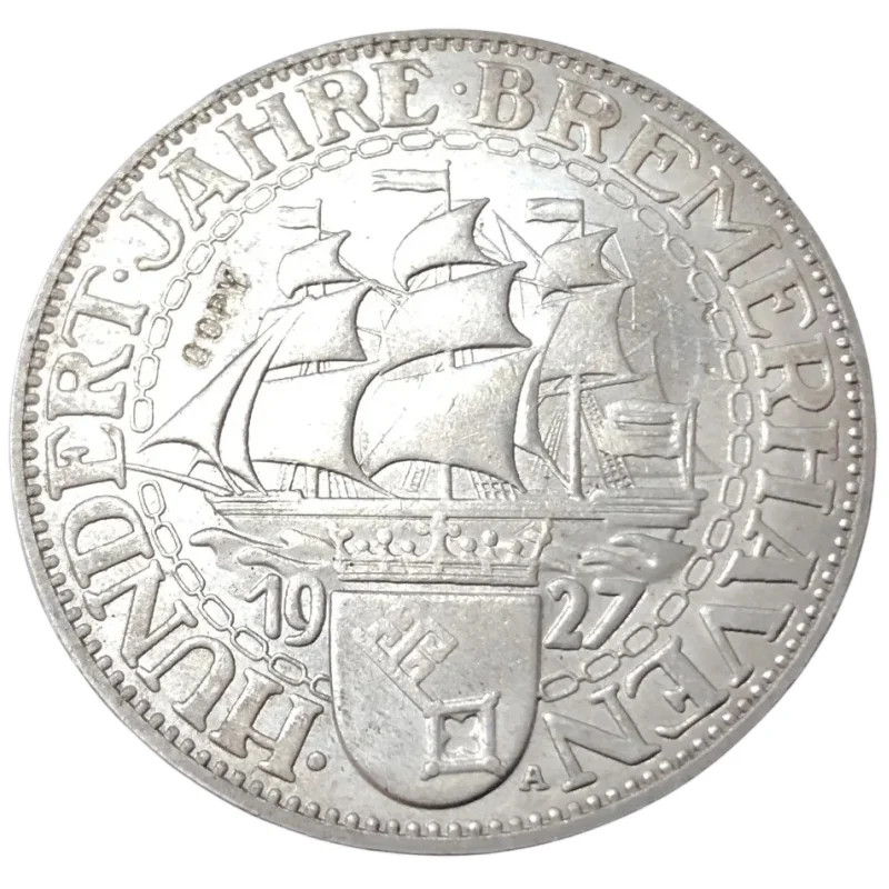 

1927 Germany-1871-1948 5 Reichsmark Bremerhaven Silver Plated Copy Coin