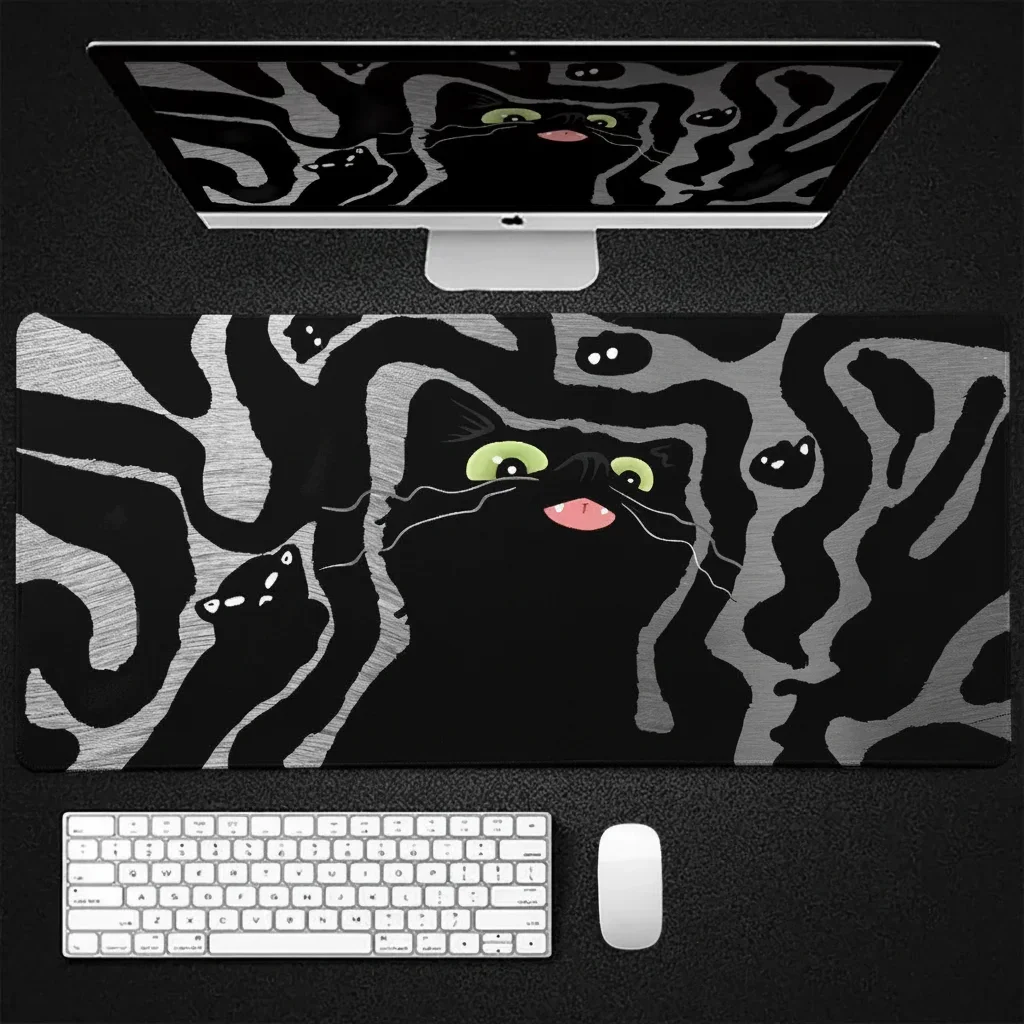 Art Black Cat Mouse Pad Cute Line Game Rubber Pc Gaming Anime Keyboard Expansion Pad Liquid Non-slip Base Office Accessories