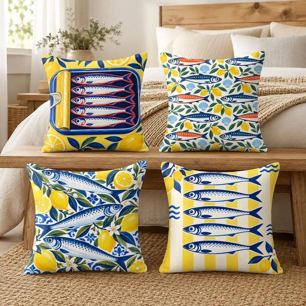 Sardine Lemon Tinned Fish Cushion Cover Soft Short Plush Pillow Cases Hidden Zipper Cutecore Sofa Bedroom Home Decor Gift