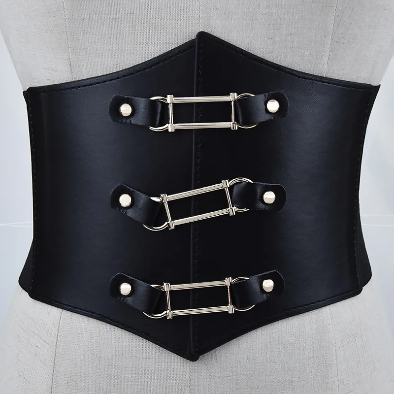 Fashion Gothic Elastic Belts for Woman Sexy Black Pu Leather Wide Corset Belt Female Cinturones Para Mujer Heart Cummerbunds