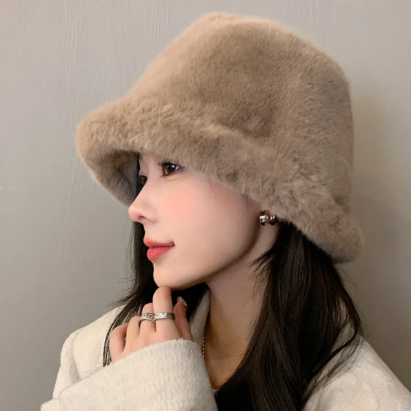 Soft Winter Plush Warm Bucket Hat for Women Girl Solid Color Fordable Wide Brim Panama Cap Outdoor Windproof Tour Basin Hats