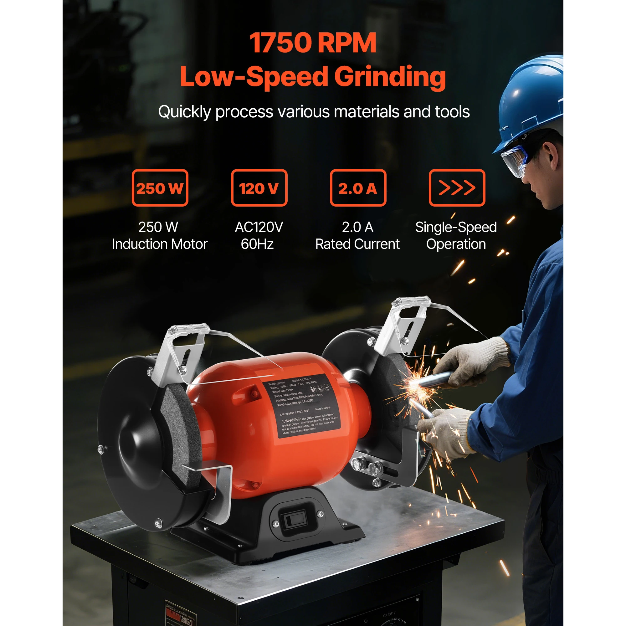 SucceBuy Bench Grinder Single Speed Bench Grinder 1750RPM Low-Speed Table Grinders with Induction Motor Adjustable Tool Rest