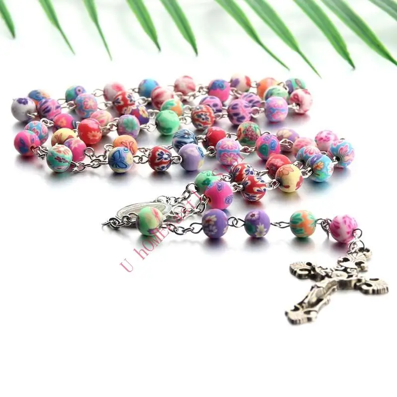63HF Colorful Soft Pottery Rosary Necklace Christian Church Home Bedroom