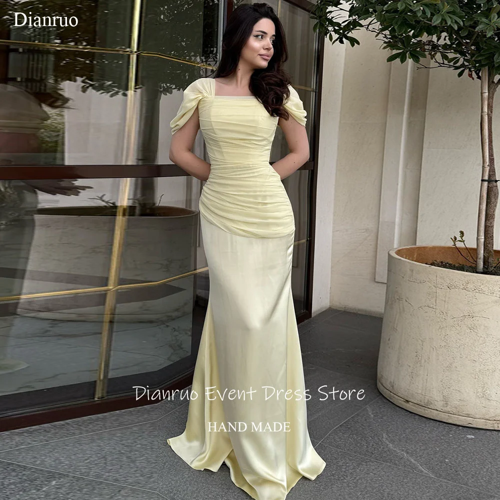 Dianruo 매력적인 스퀘어 넥 퍼프 슬리브 이브닝 드레스 옐로우 셔링 댄스 파티 드레스 쉬폰 머메이드 베스 티드 드 페스타 롱고 맞춤형
