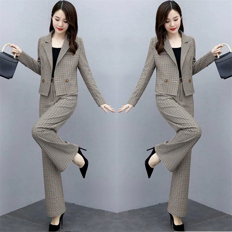 2022 Women's New Long-Sleeved Ladies Temperament Thin Goddess Fan Wide-Leg Pants Plaid Professional Suit Lady Blazer Jacket Sets