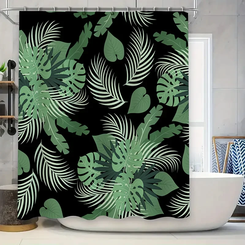 

Зеленая занавеска для душа с принтом тропических листьев, водонепроницаемая декоративная подвесная ткань для ванной комнаты, 72 x 84 дюйма (черный, белый, зеленый)