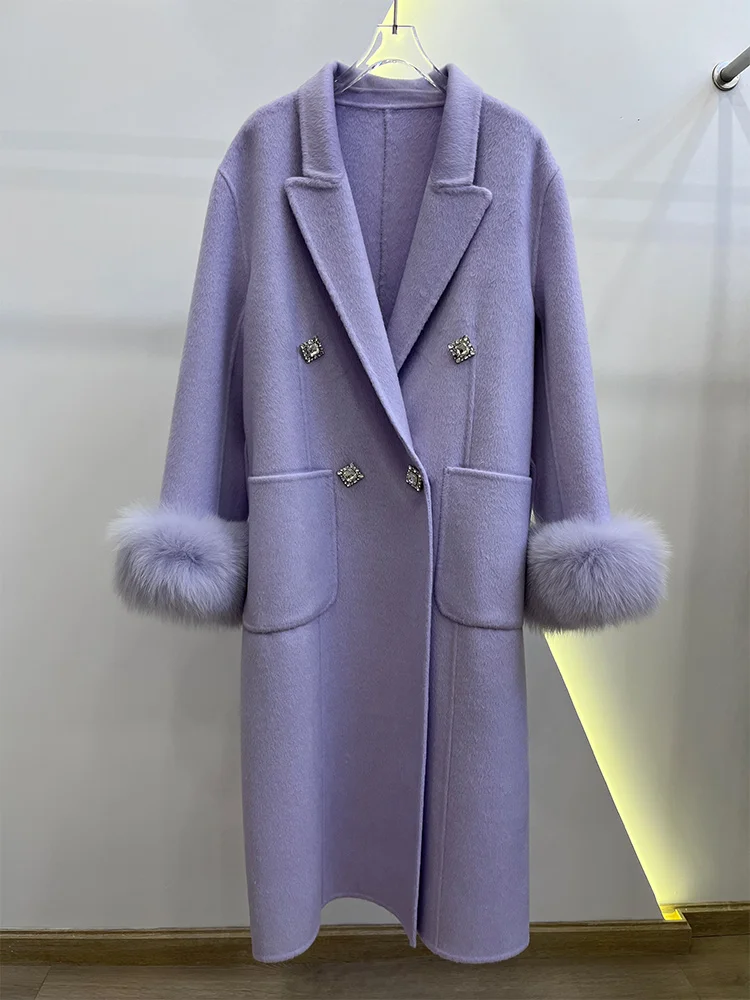 معطف نسائي جديد لعام 2025 من صوف الكشمير الطويل معطف صوفي طبيعي من فرو الثعلب الحقيقي سترة شتوية للسيدات ملابس خارجية ملابس خروج